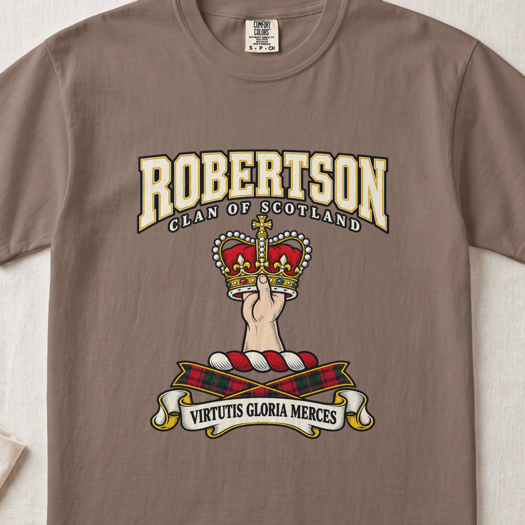 Robertson graphic T-shirt in Espresso brown, front flat lay showing varsity lettering and hand and forearm holding a red and gold crown.