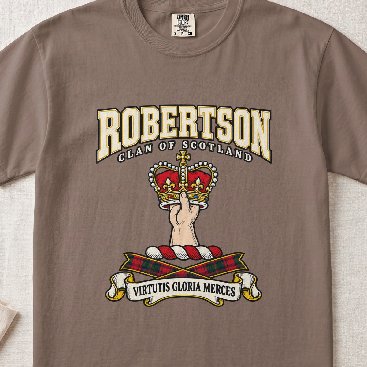 Robertson graphic T-shirt in Espresso brown, front flat lay showing varsity lettering and hand and forearm holding a red and gold crown.