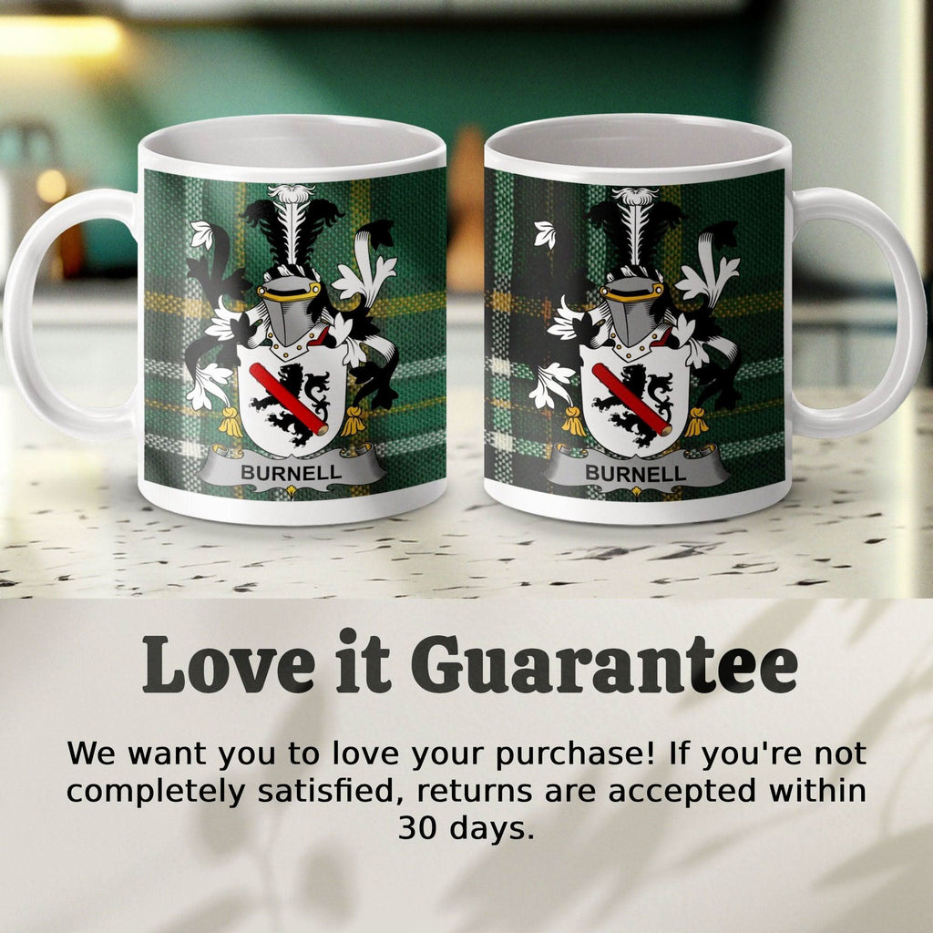 Burnell Surname Family Crest Irish Tartan Mug - Celtic Ancestry Gifts