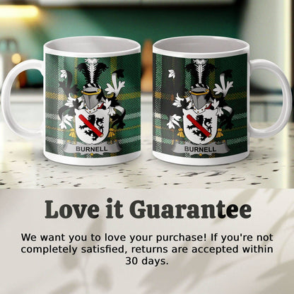Burnell Surname Family Crest Irish Tartan Mug - Celtic Ancestry Gifts