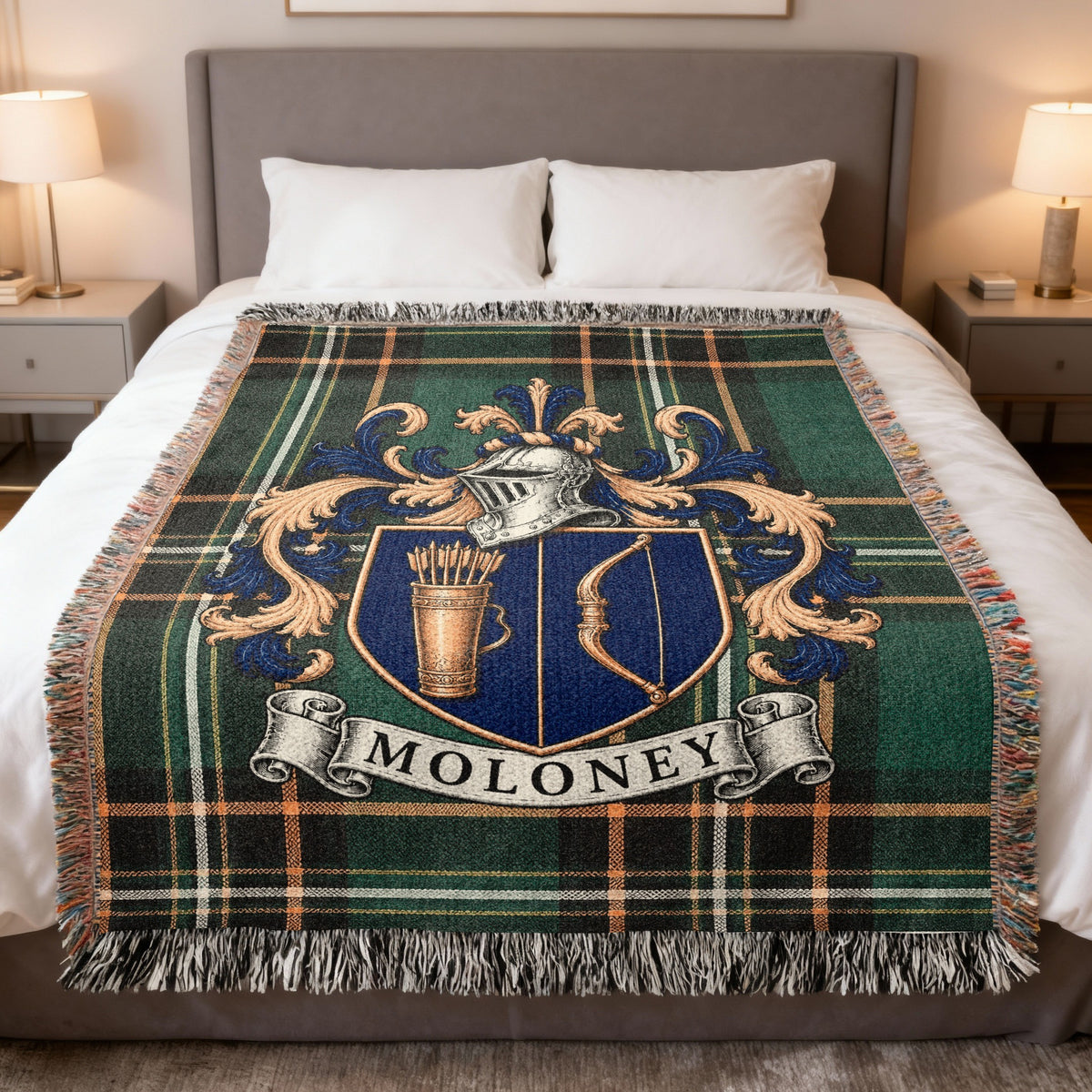 Moloney Irish National Tartan heirloom woven blanket with family crest, full product view
