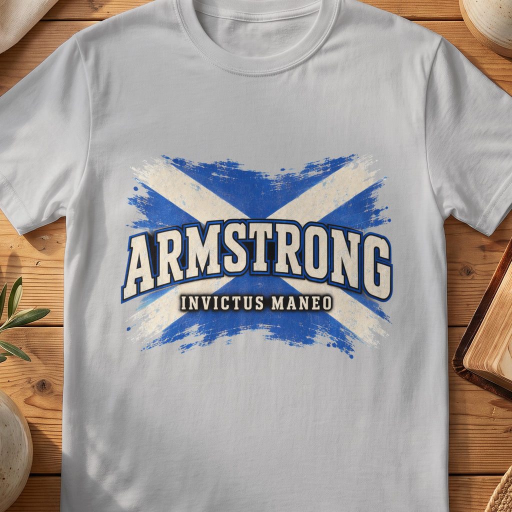 Armstrong Scottish Saltire T-shirt in Sport Grey, with distressed blue and cream flag and “Invictus Maneo” lettering.