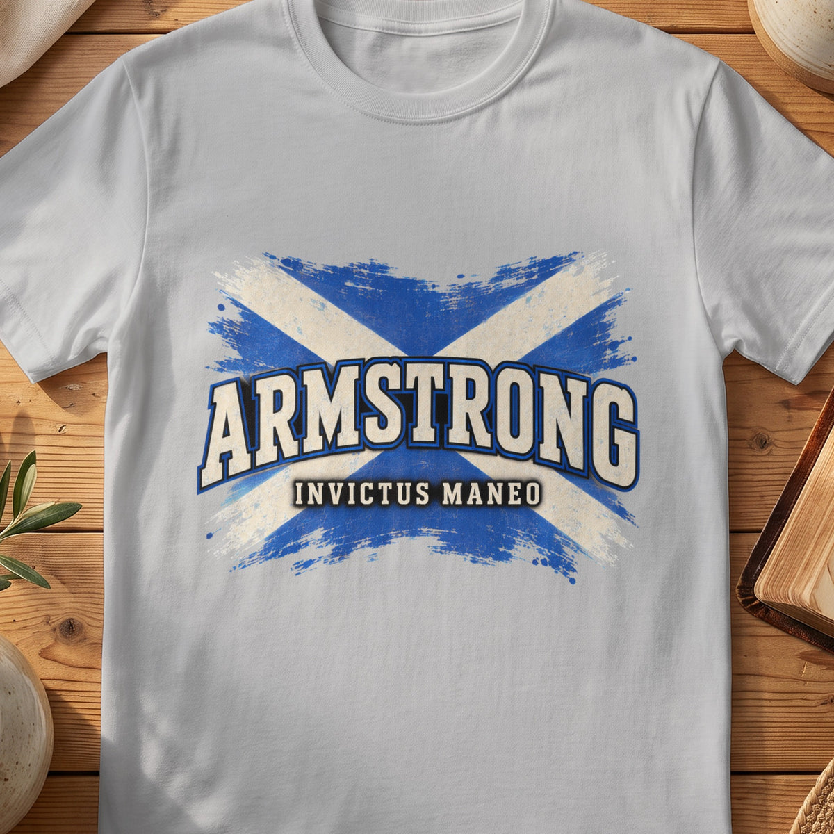 Armstrong Scottish Saltire T-shirt in Sport Grey, with distressed blue and cream flag and “Invictus Maneo” lettering.