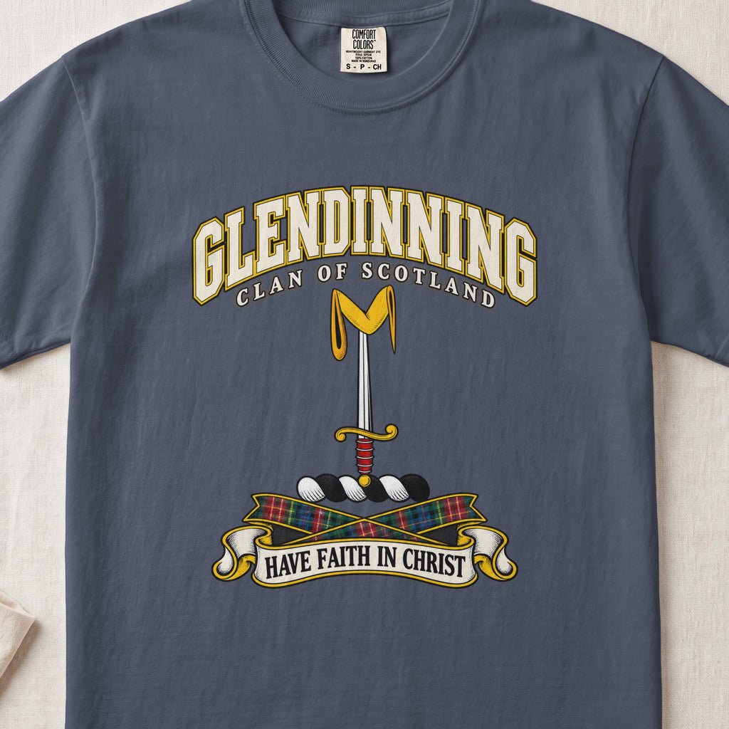 Glendinning Scottish clan T-shirt in Midnight, front view with an upright sword beneath a gold pennon and motto design.