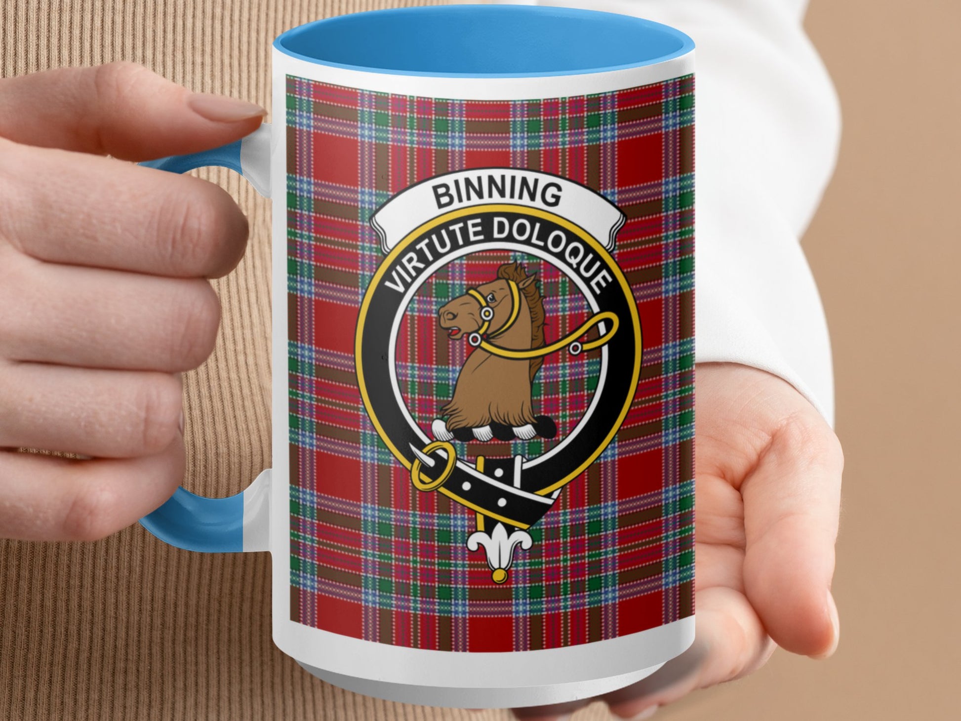 Binning Virtute Doloque Crest Tartan Pattern Mug - Living Stone Gifts