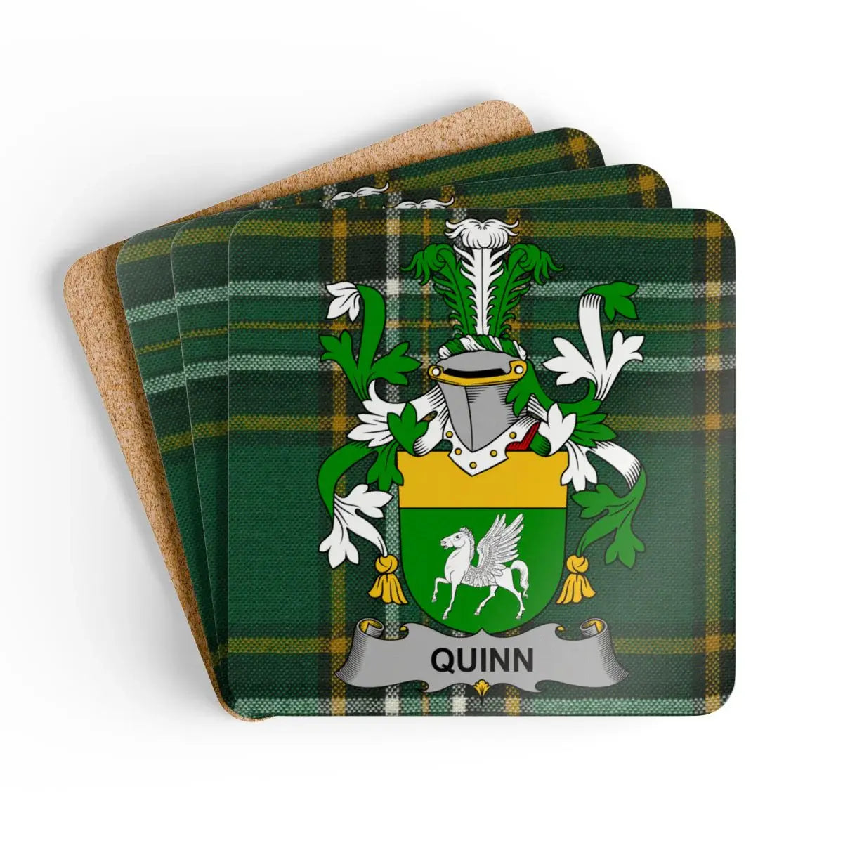 Quinn Family Crest on Plaid Background Coaster Set product type