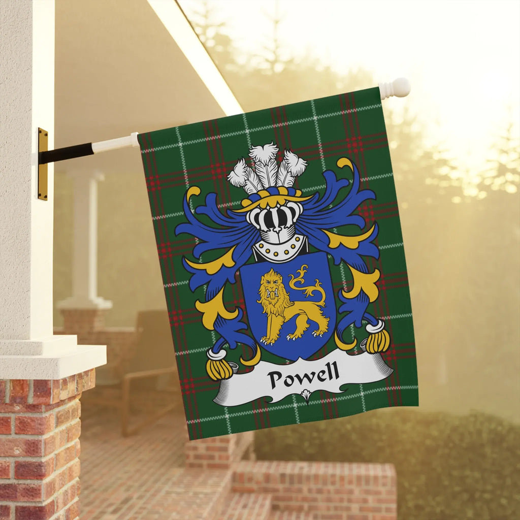 Powell family crest on a green tartan flag.