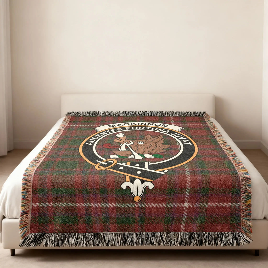 MacKinnon Audentes Fortuna Juvat plaid woven blanket — clan crest and tartan decorative throw