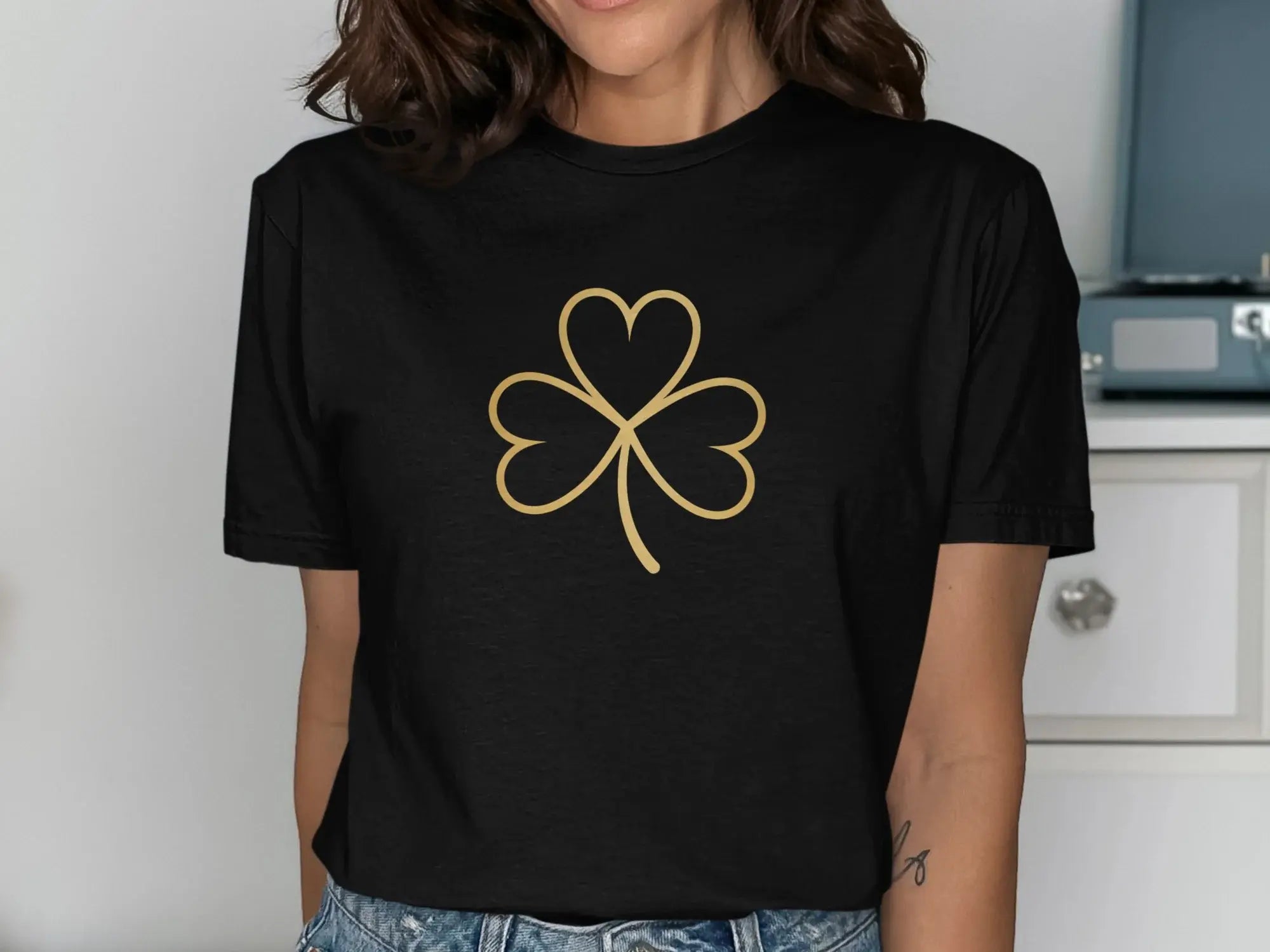 Stylish Black Tee with Bold Heart Clover Design Shirt