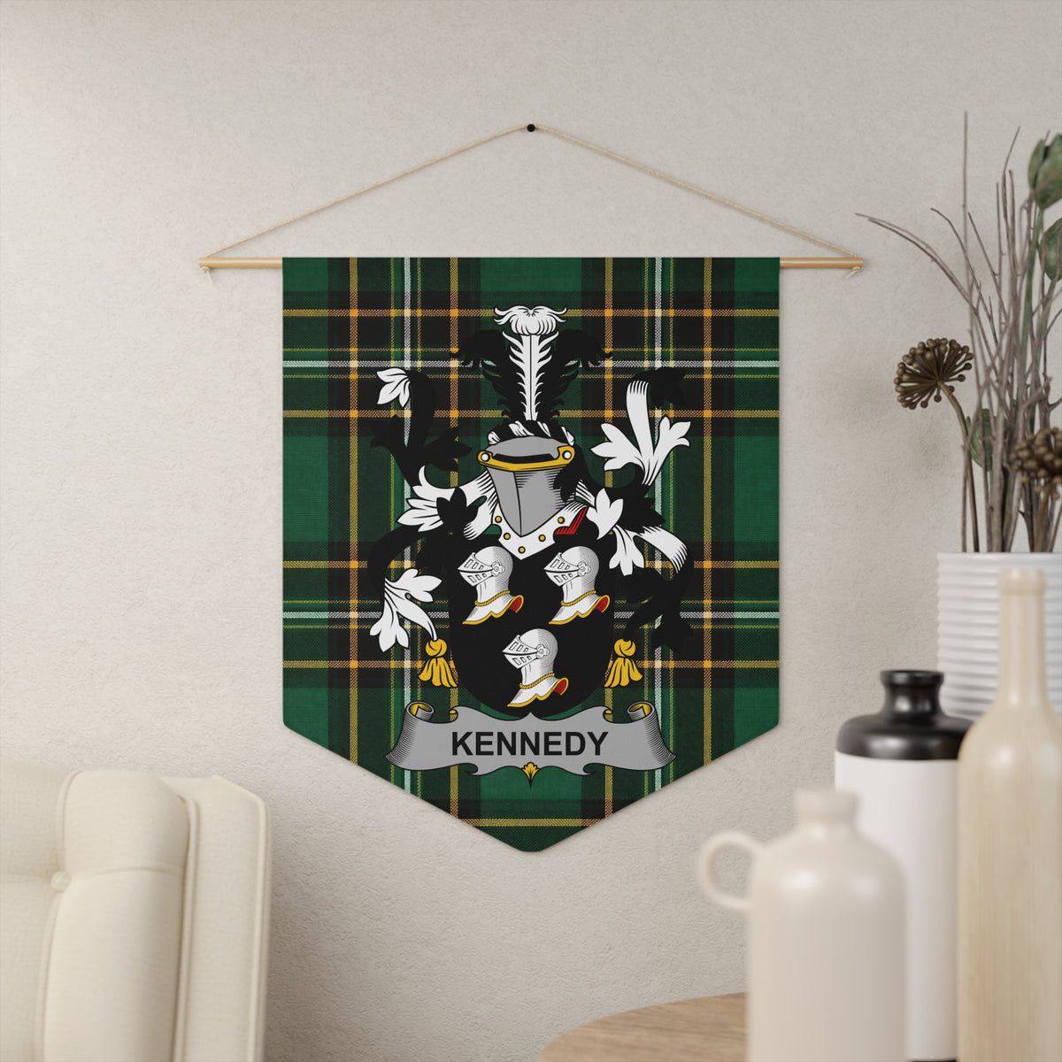Kennedy family crest on green and black tartan pennant banner.