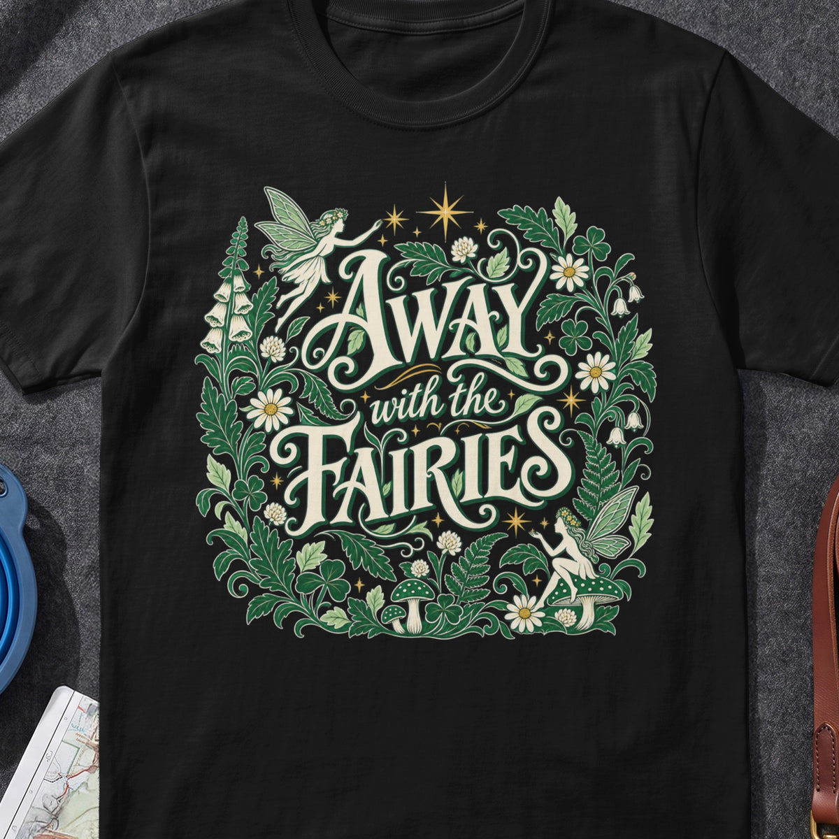 Away With The Fairies Irish graphic T-shirt in Black, flat-lay mockup