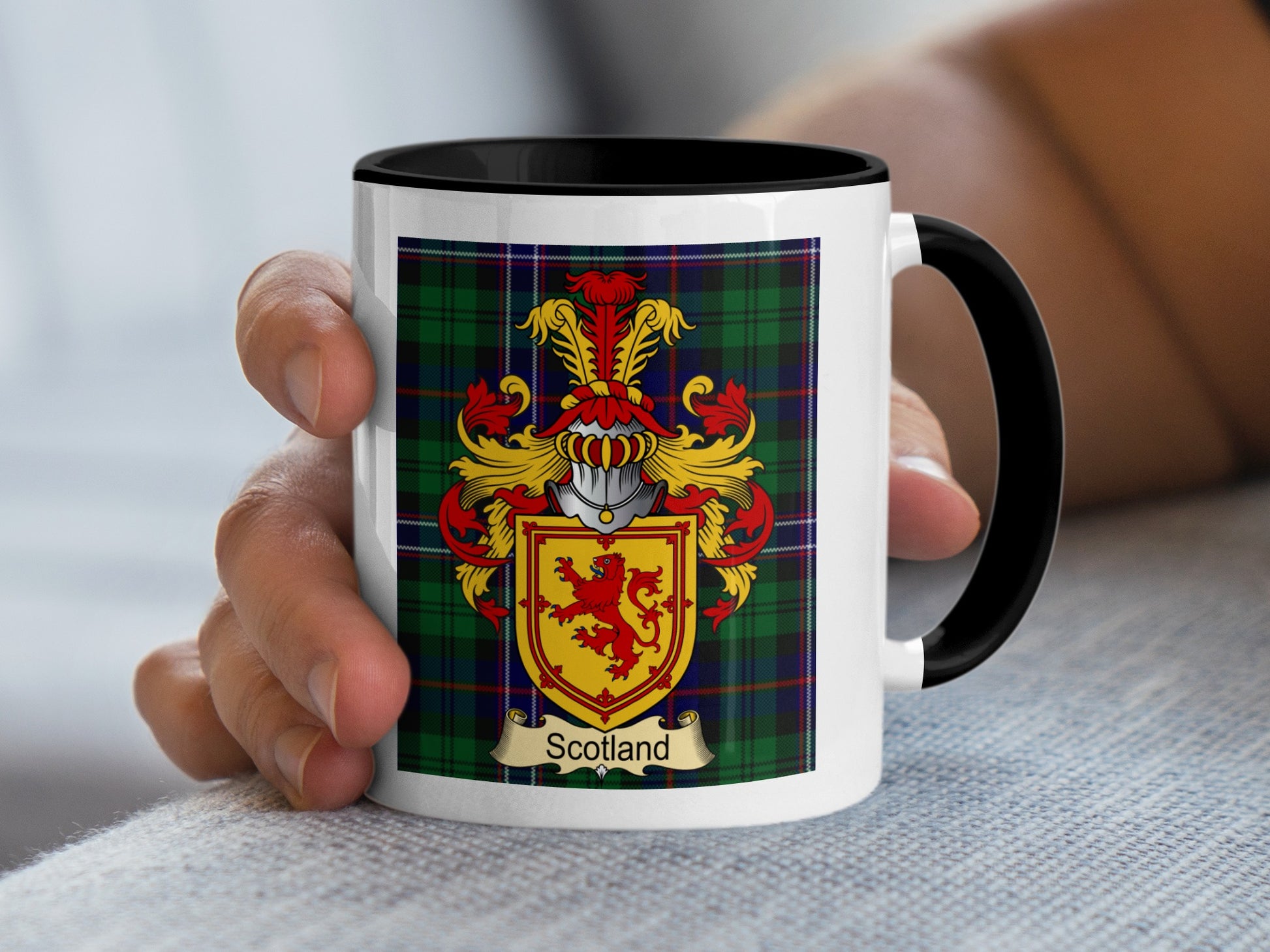 Mug with Scottish tartan and family crest, text "Scotland" below.