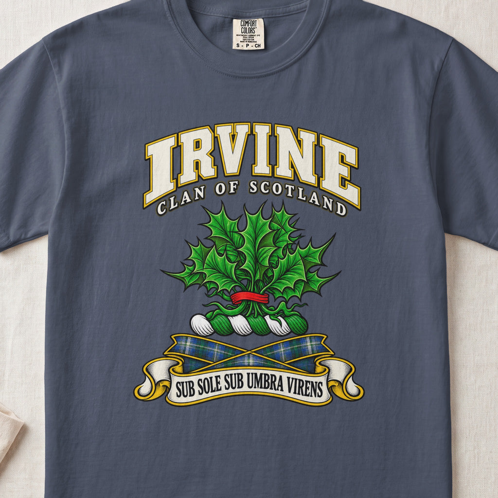 Irvine Scottish clan T-shirt in Midnight, front view with green holly leaves with red berries and motto banner.