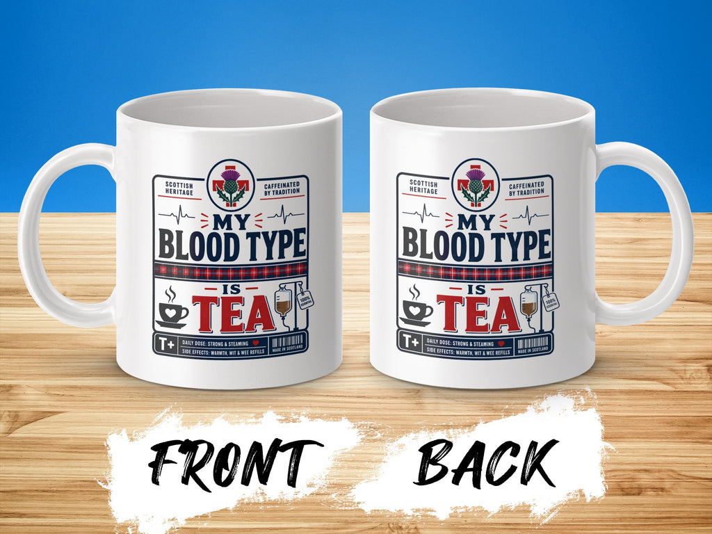 Two white mugs, front and back, with "My Blood Type is Tea" design.
