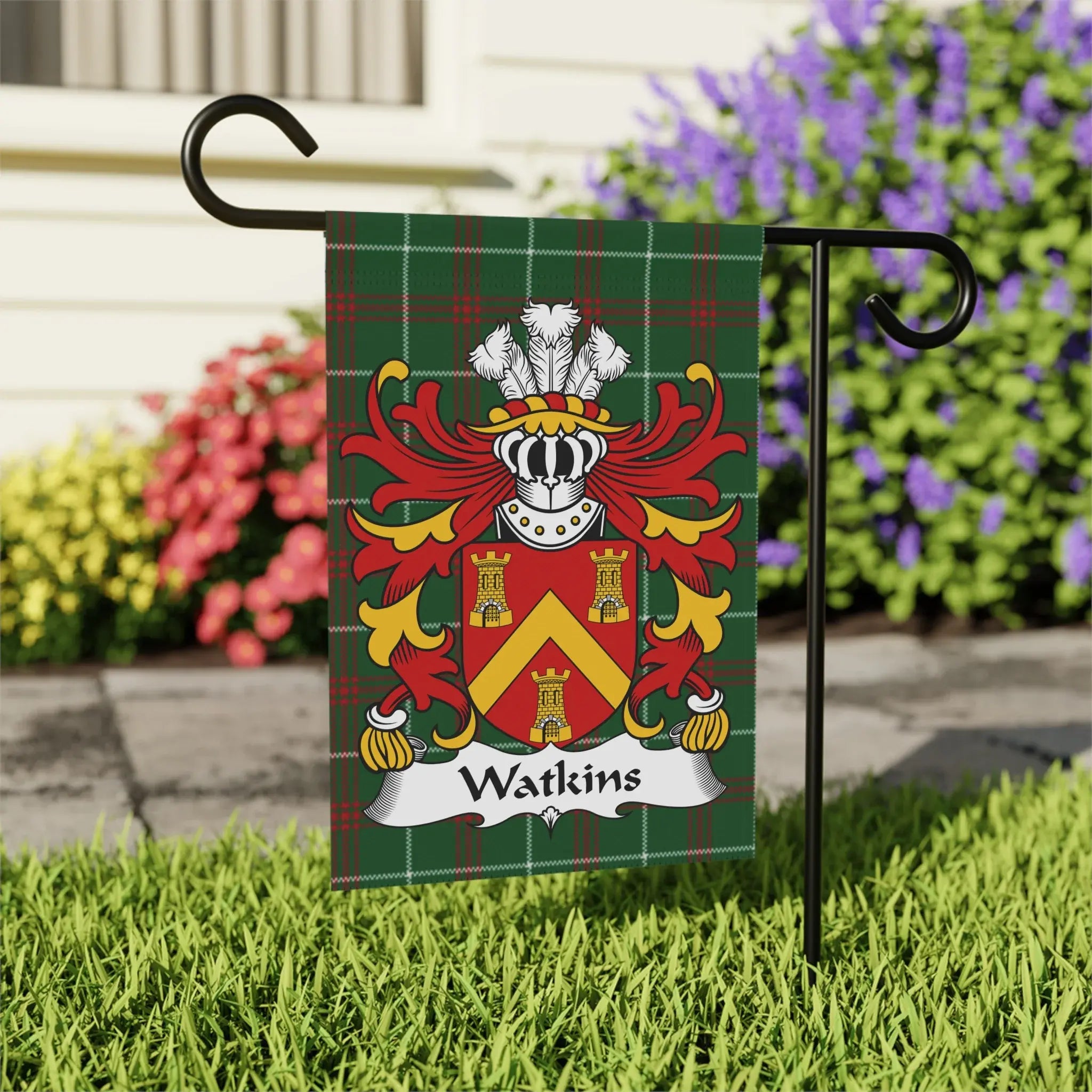 Green tartan garden flag with Watkins family crest and name.