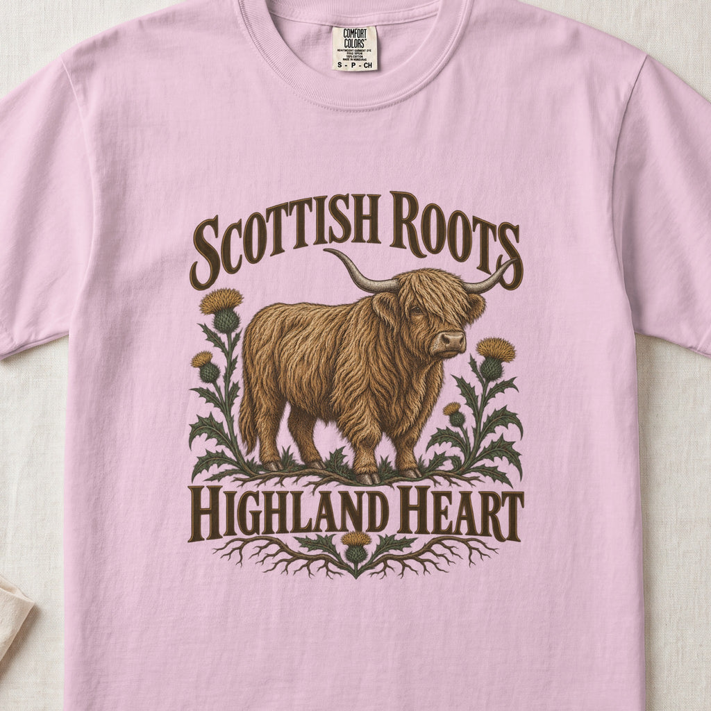 Scottish Roots, Highland Heart Highland cow design on a Blossom Comfort Colors 1717 T-shirt, flat lay