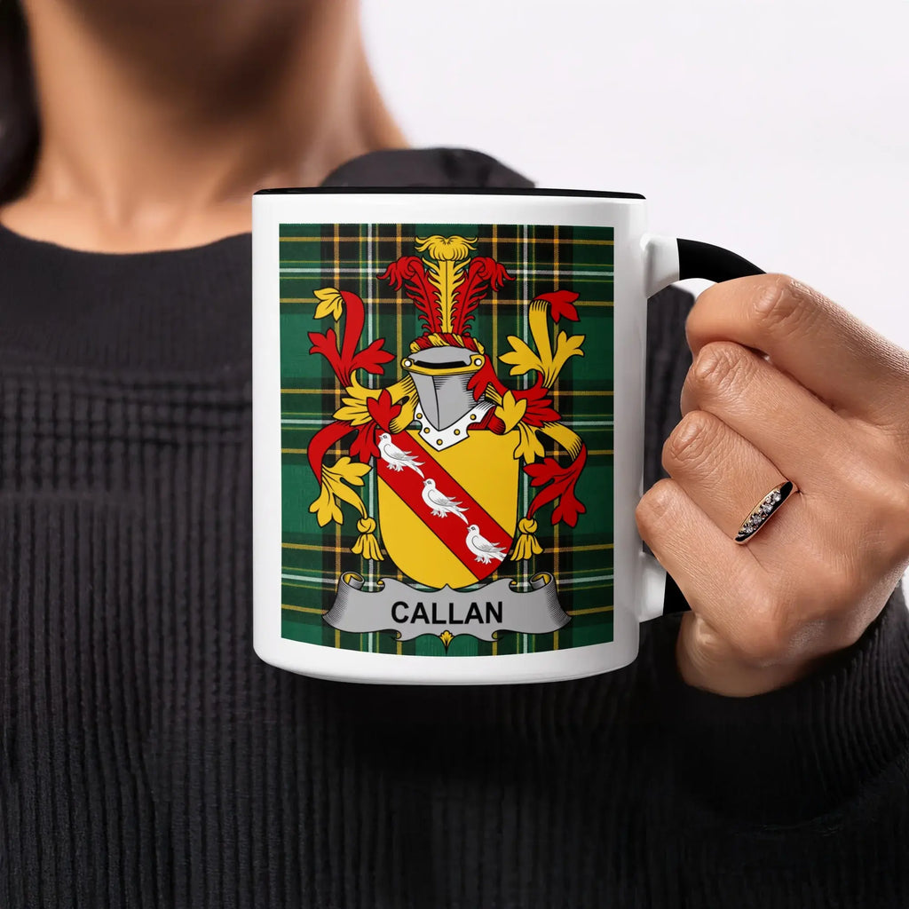 Mug with Callan family crest on tartan background.