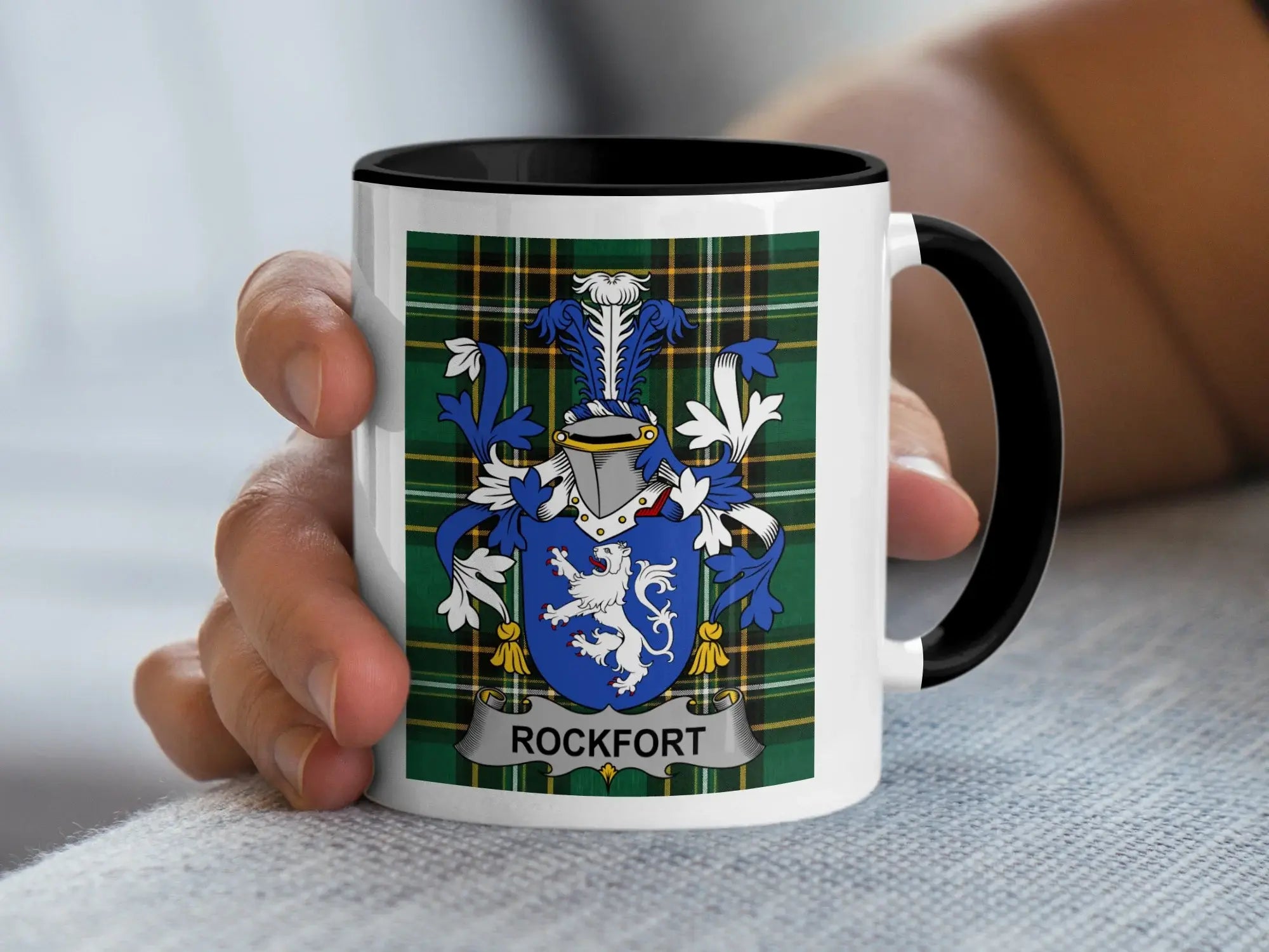 Rockfort Irish family crest black accent mug with Irish National Tartan