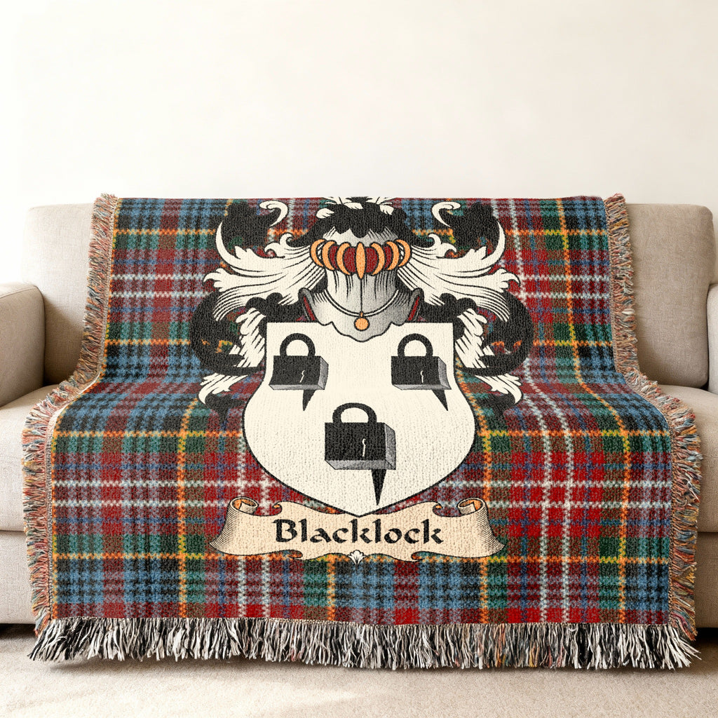 Blacklock Scottish family shield woven blanket on a Caledonia tartan background