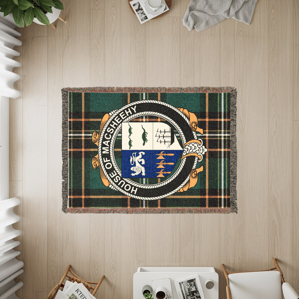 MacSheehy Irish heritage woven throw with family crest emblem