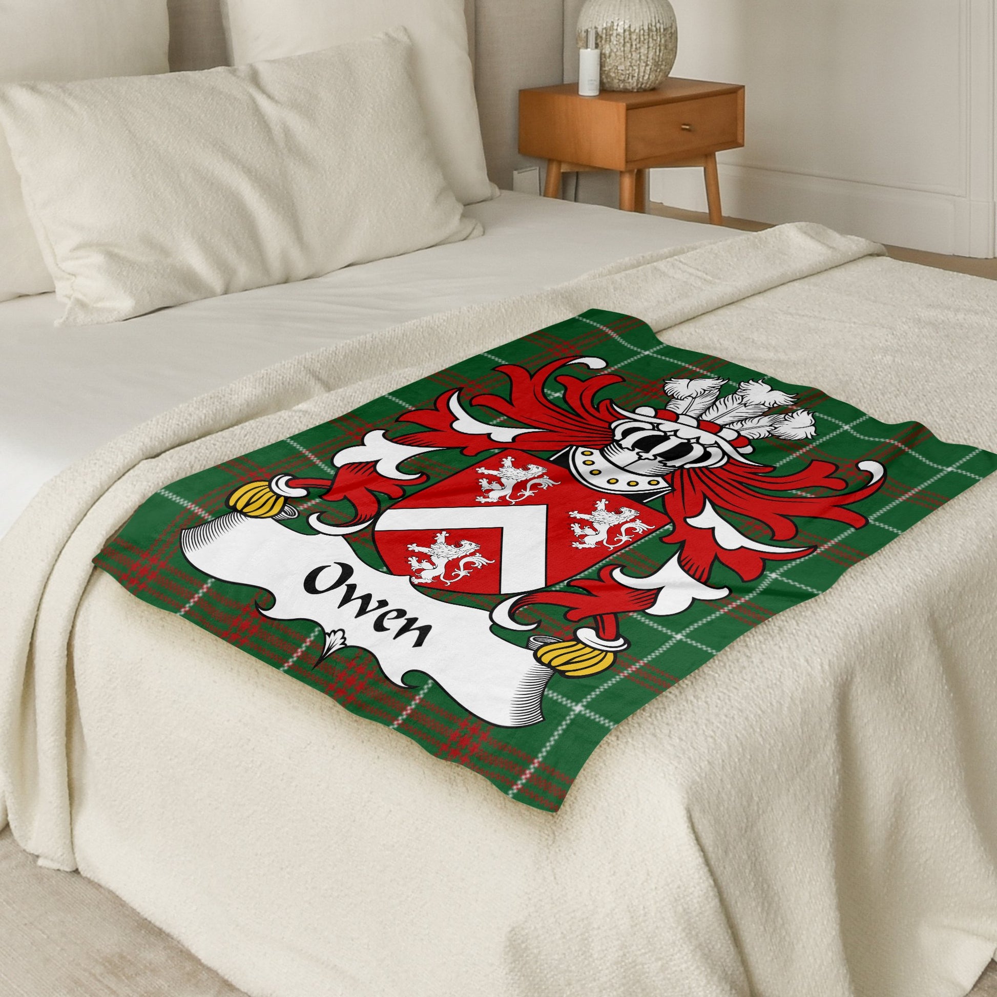 Owen Welsh Surname Coat of Arms on Tartan Background Blanket - Living Stone Gifts