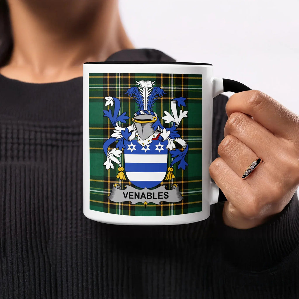 Mug with Venables family crest on a tartan background.
