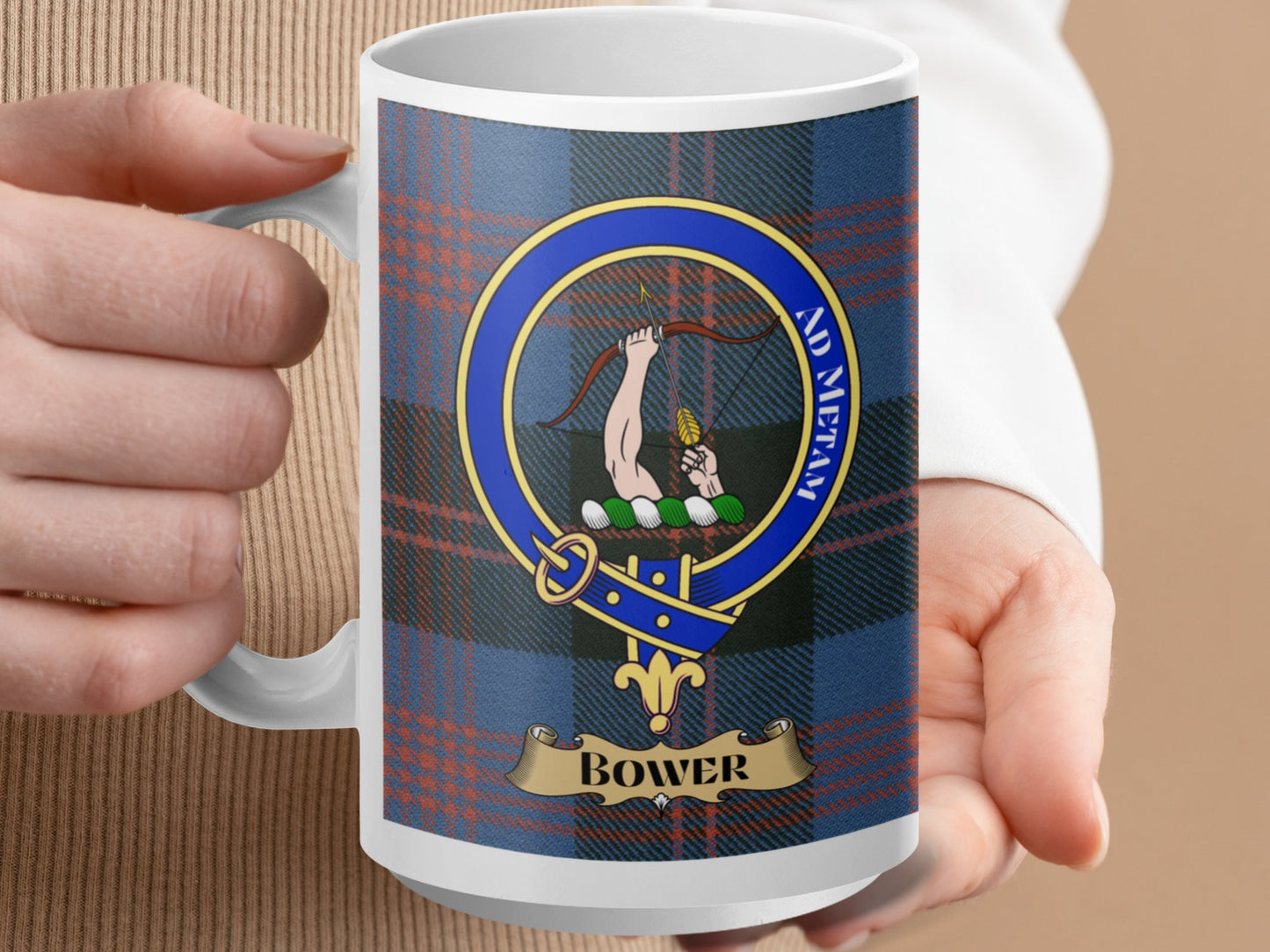 Bower Clan Coat Of Arms Design Blue Plaid Pattern Mug - Living Stone Gifts