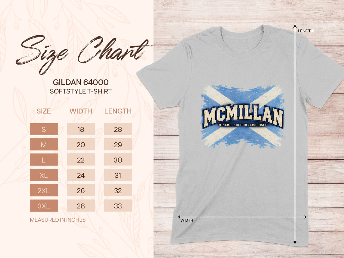 Gildan Softstyle 64000 size chart for the McMillan Saltire T-shirt, showing shirt width and length in inches.