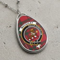 Macaulay clan Scottish tartan necklace with clan crest and Dulce Periculum motto on tartan background