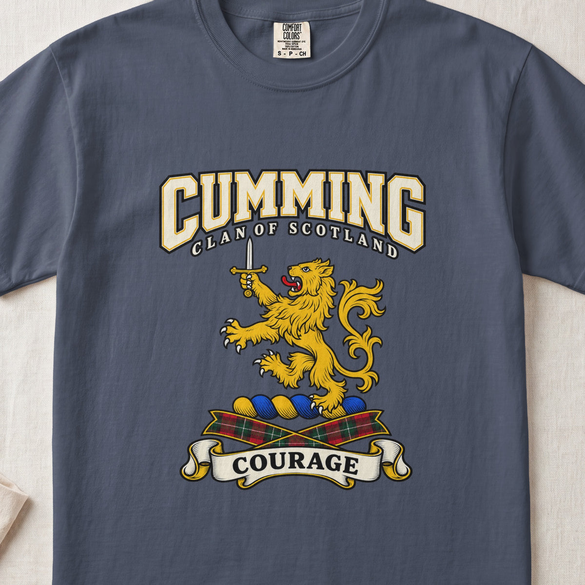 Cumming Scottish clan graphic T-shirt in Midnight, front view