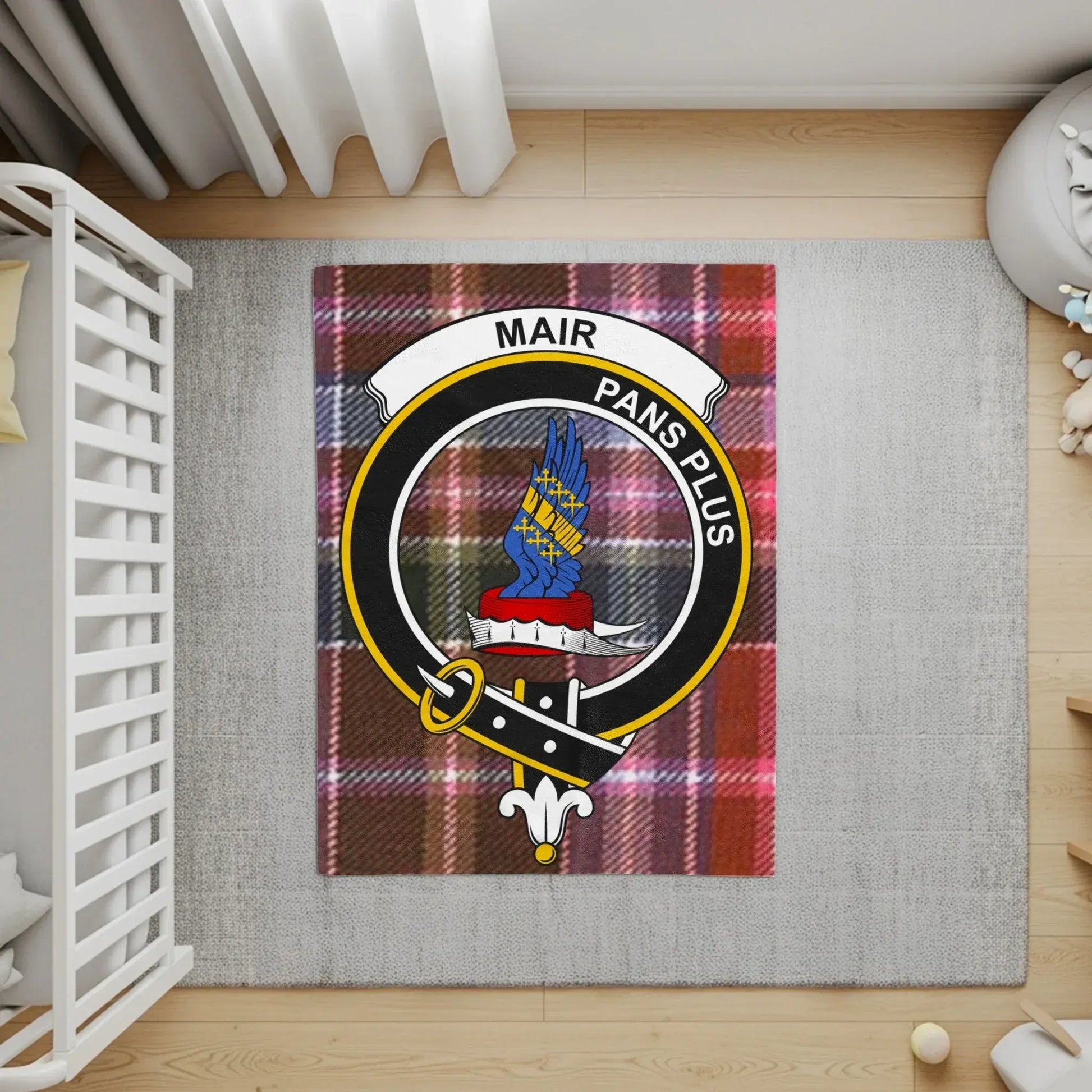 Red and White Plaid Crest Design Baby Blanket product