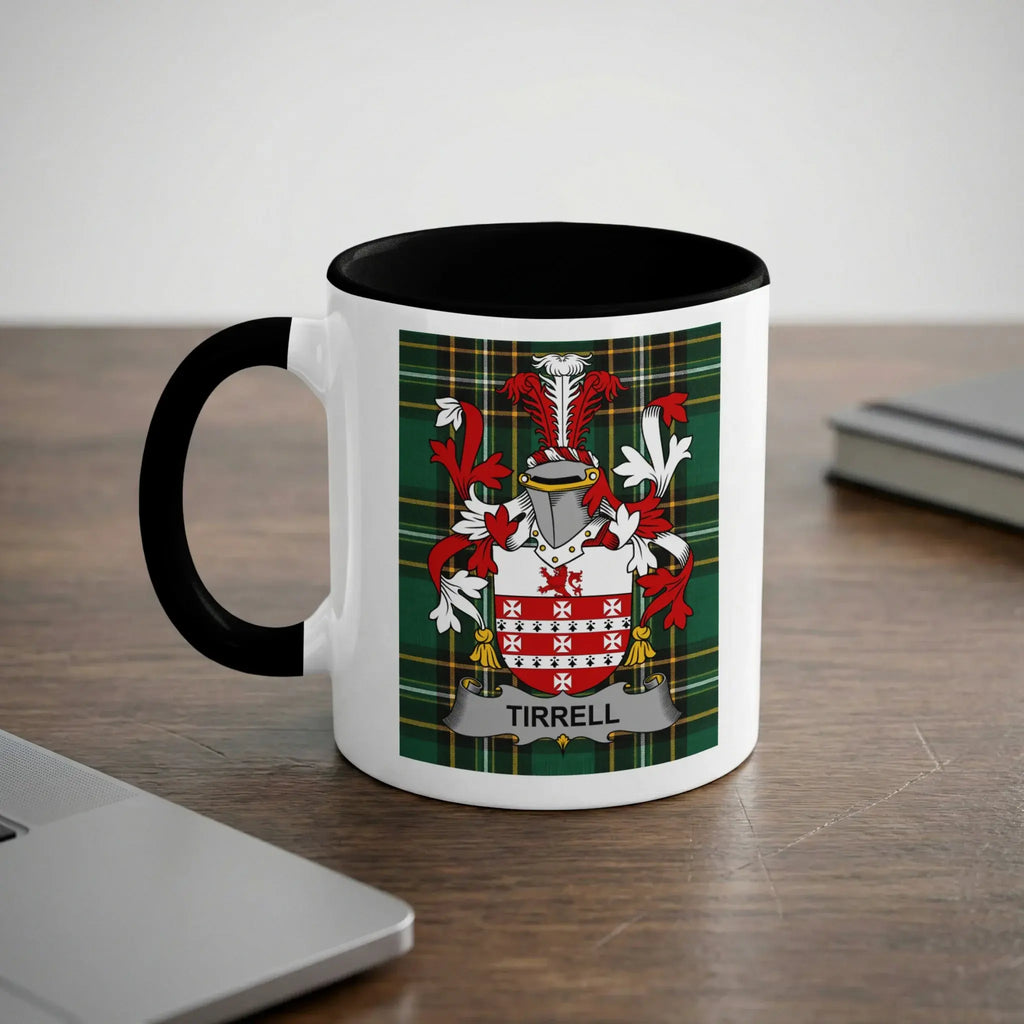 Tirrell family crest on a white mug with black rim and handle.