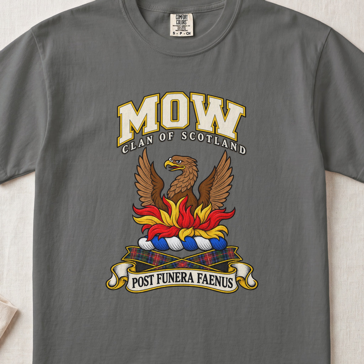 Mow Scottish clan T-shirt in Pepper, front view with a brown bird with spread wings rising above red and gold flames and motto design.