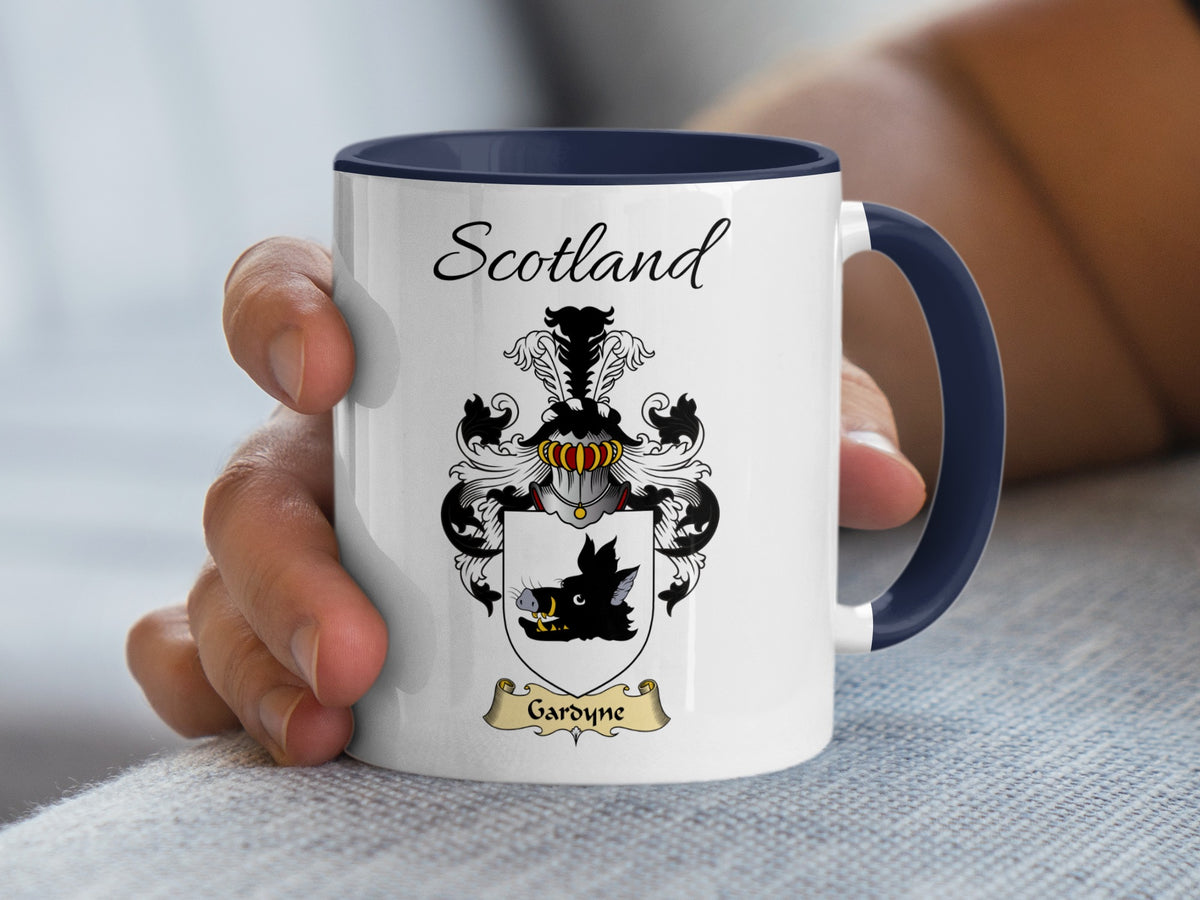 White Gardyne Scottish mug with navy handle and interior, showing the family emblem and Scotland text