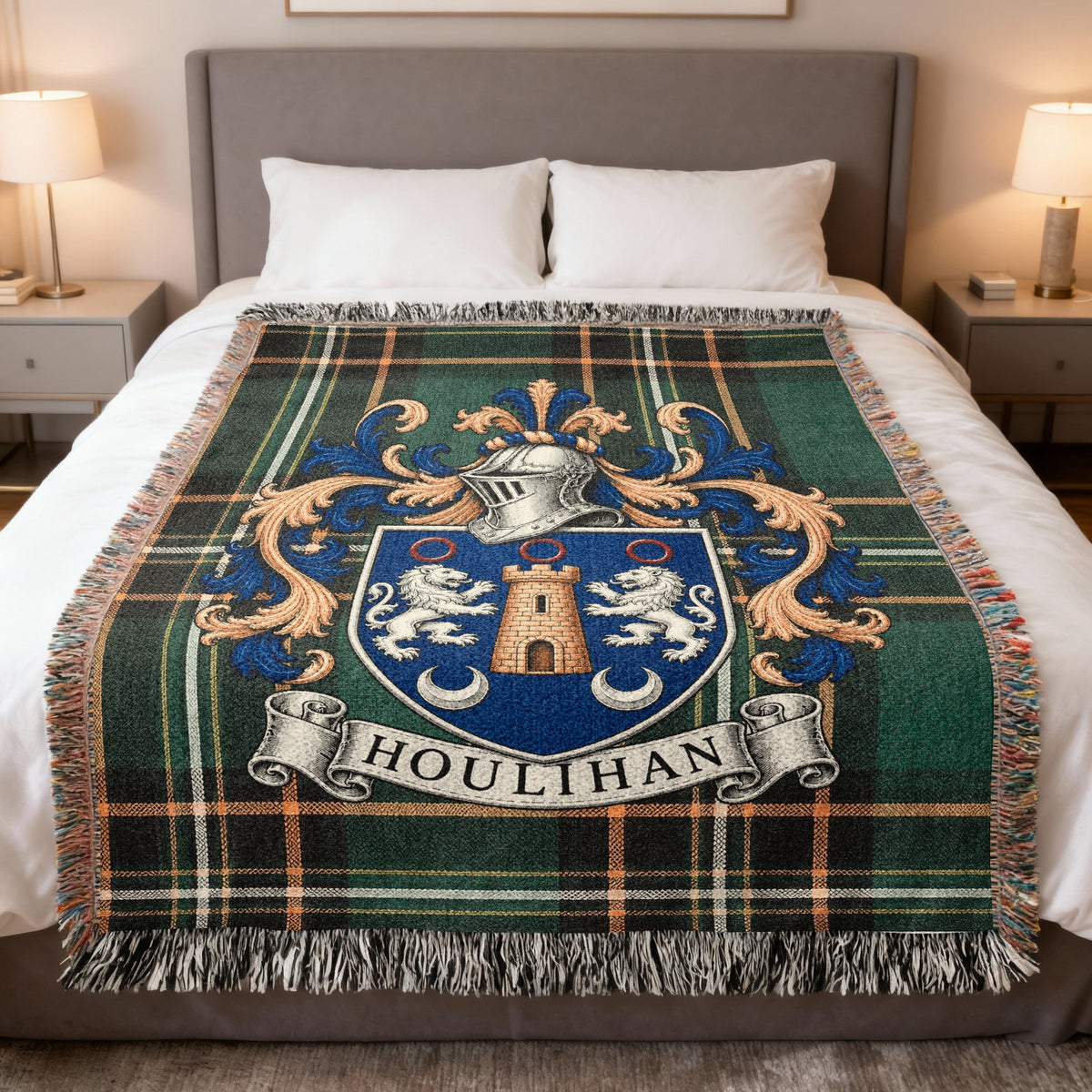 Houlihan Irish National Tartan heirloom woven blanket with family crest, full product view