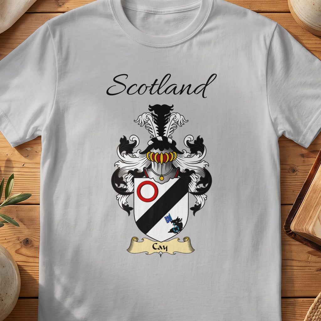 Sport Grey Cay Scottish family shield T-shirt featuring a black diagonal band with a red ring