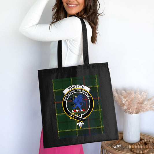 Forsyth Clan Crest on Tartan Background Tote Bag - Living Stone Gifts