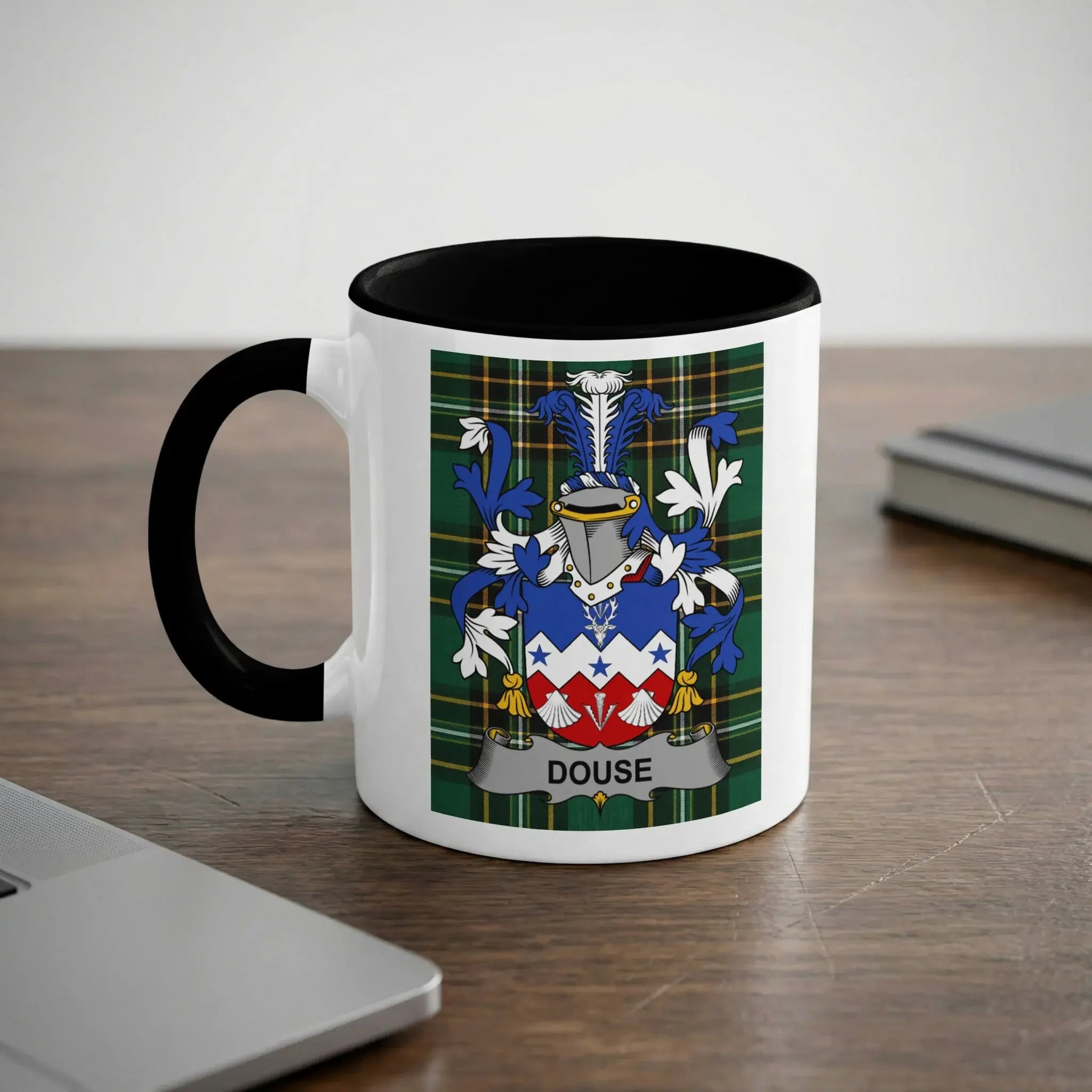 White mug with black handle featuring a family crest with the name "DOUSE".