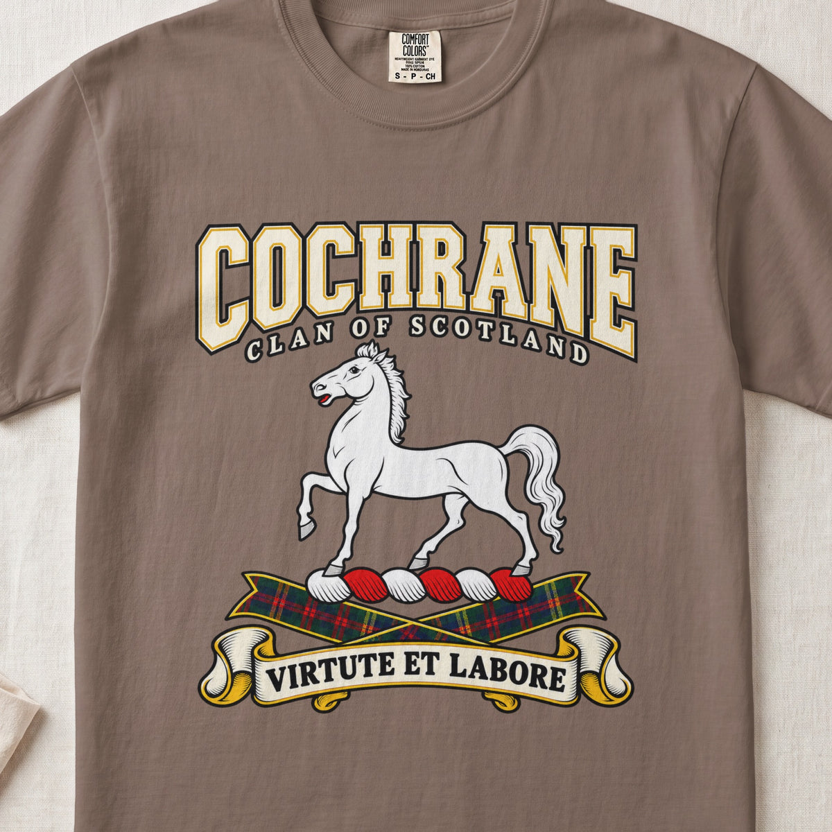 Cochrane Scottish clan graphic T-shirt in Espresso, front view