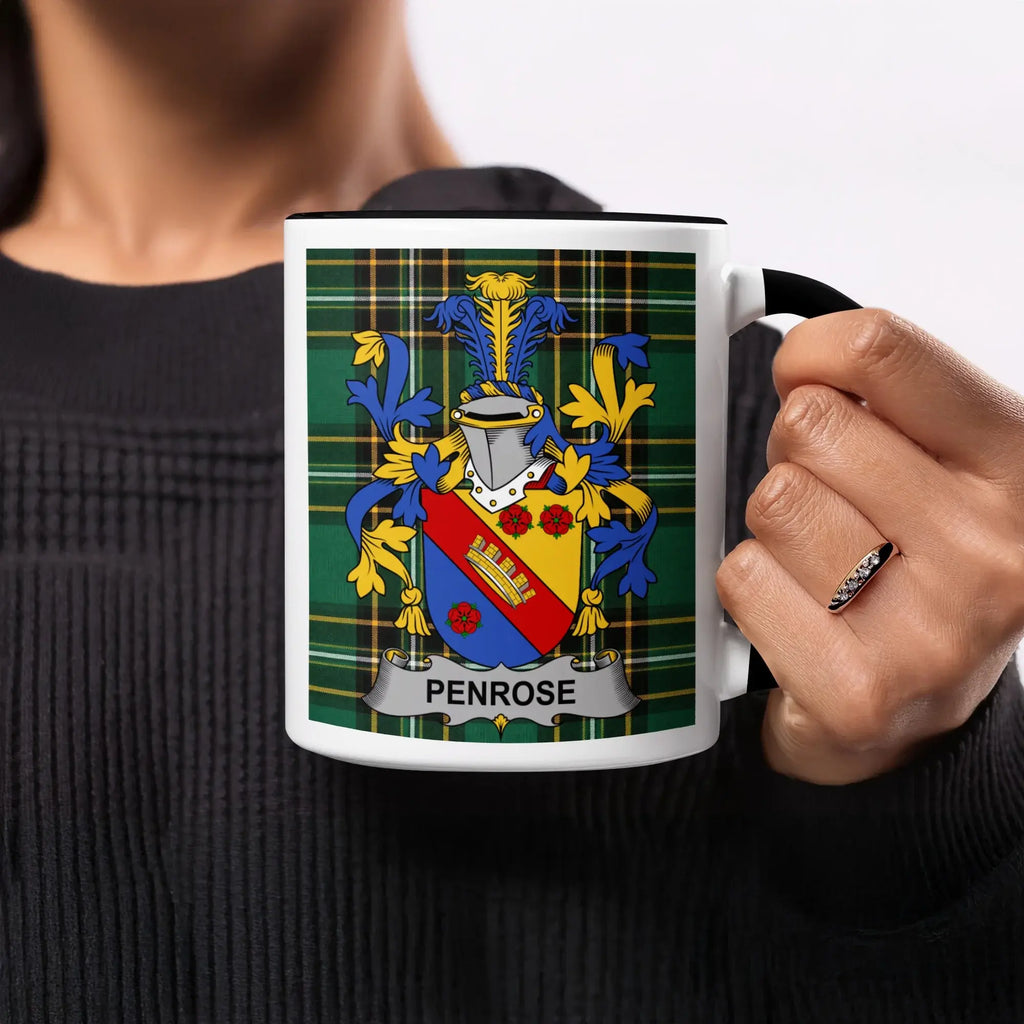 Penrose black accent mug with Irish National Tartan and family crest