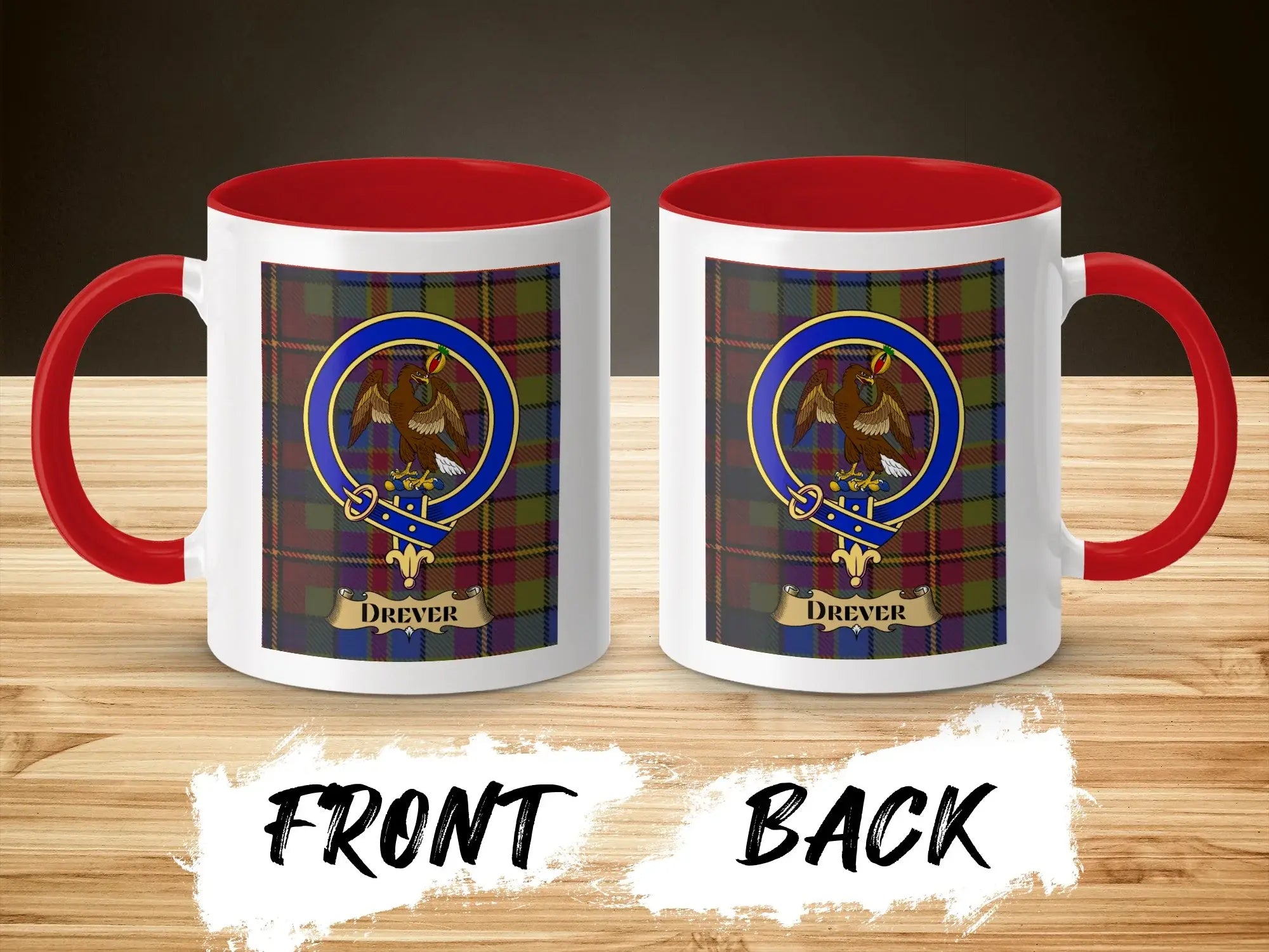 Drever tartan-background crest mug shown as a Scottish heritage gift