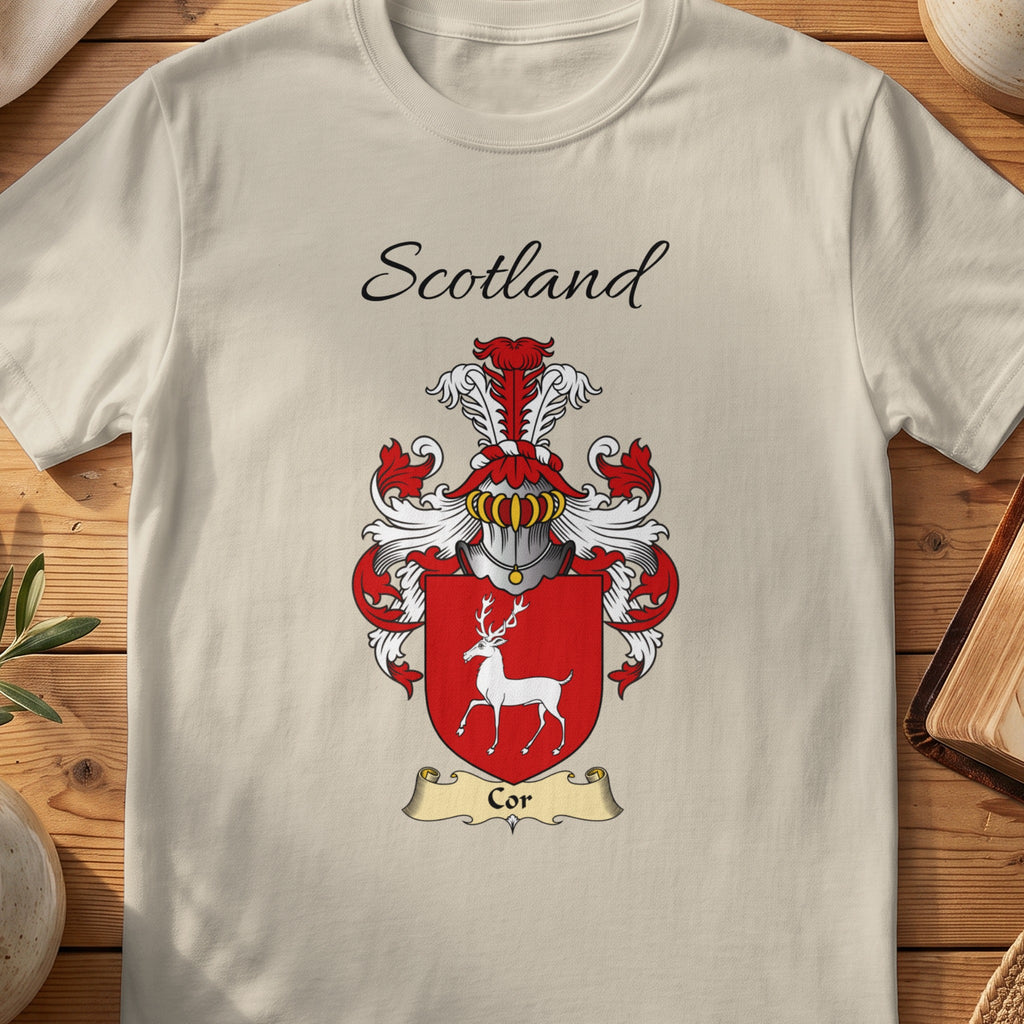 Sand Cor Scottish family shield T-shirt featuring a white stag on a red shield