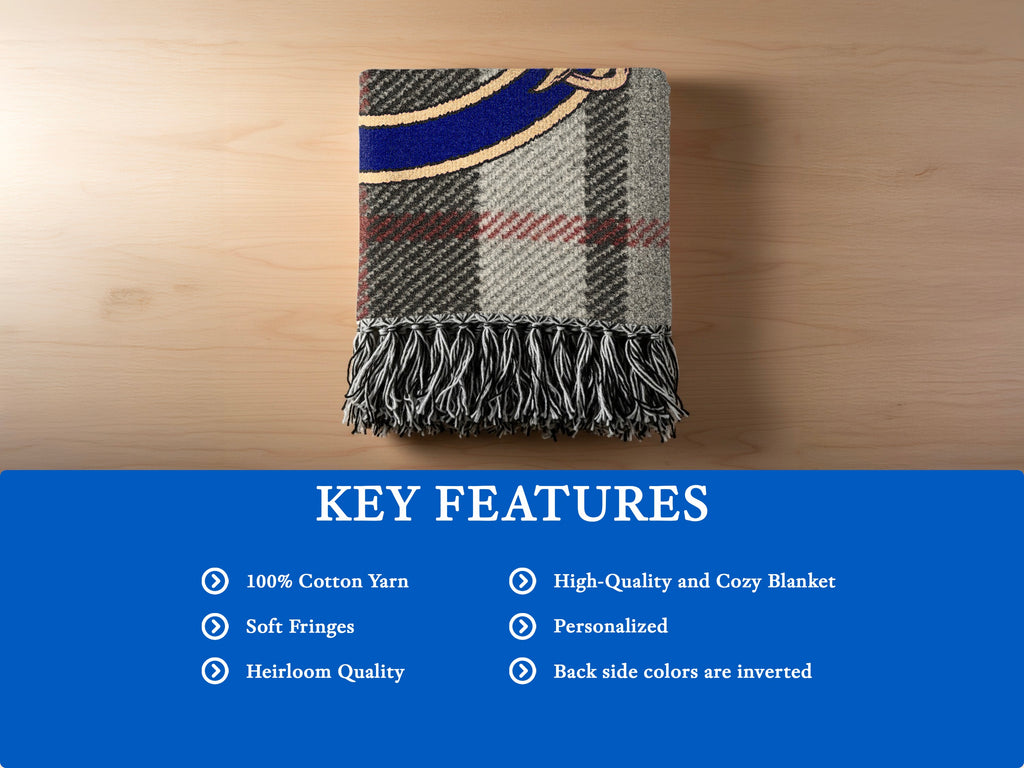 Thomson woven blanket detail — cotton yarn tartan with fringe edges