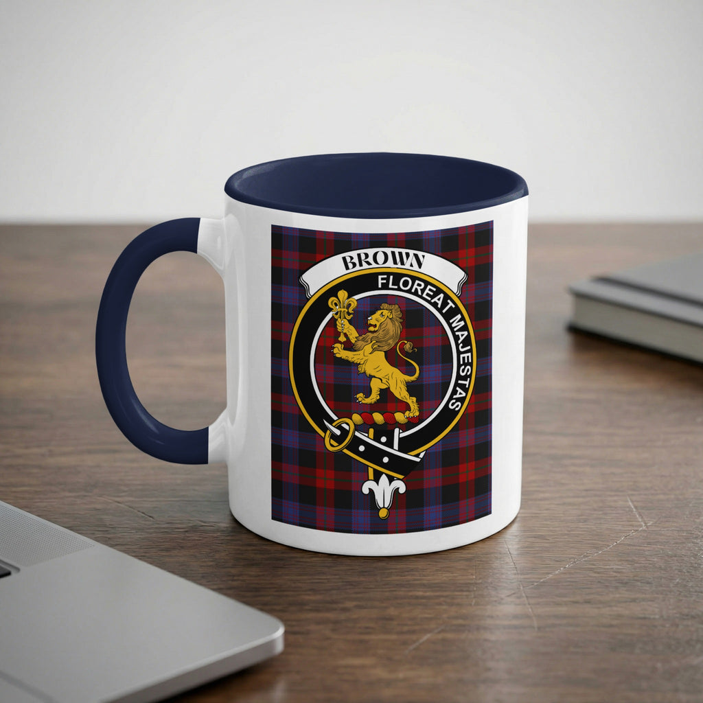 Brown crest on tartan background mug — navy accent, Scottish heritage gift