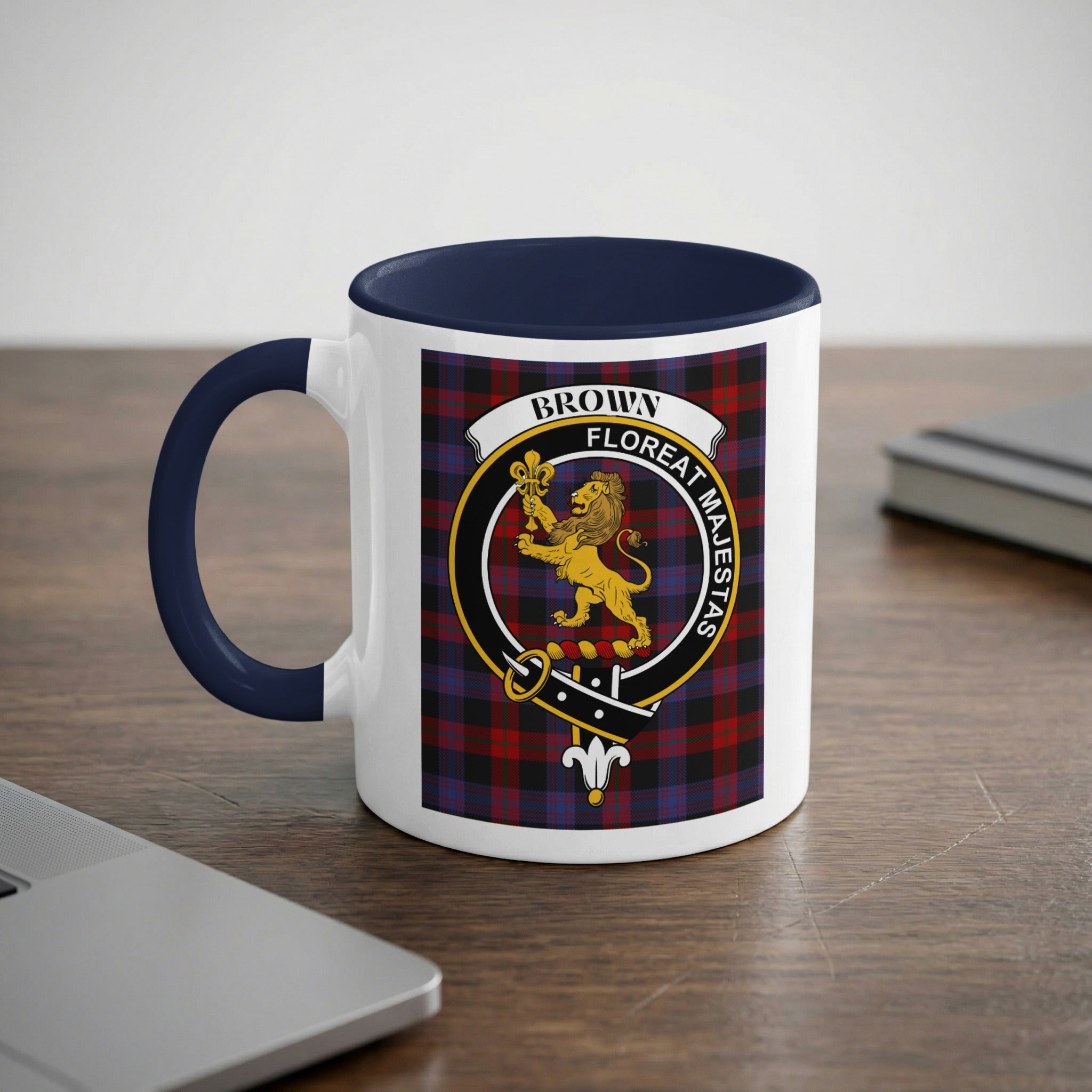 Brown crest on tartan background mug — navy accent, Scottish heritage gift