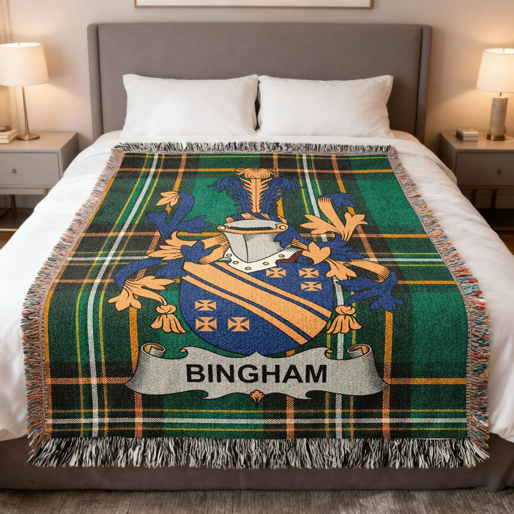 Bingham Irish family crest woven blanket with Irish tartan design and fringed edges