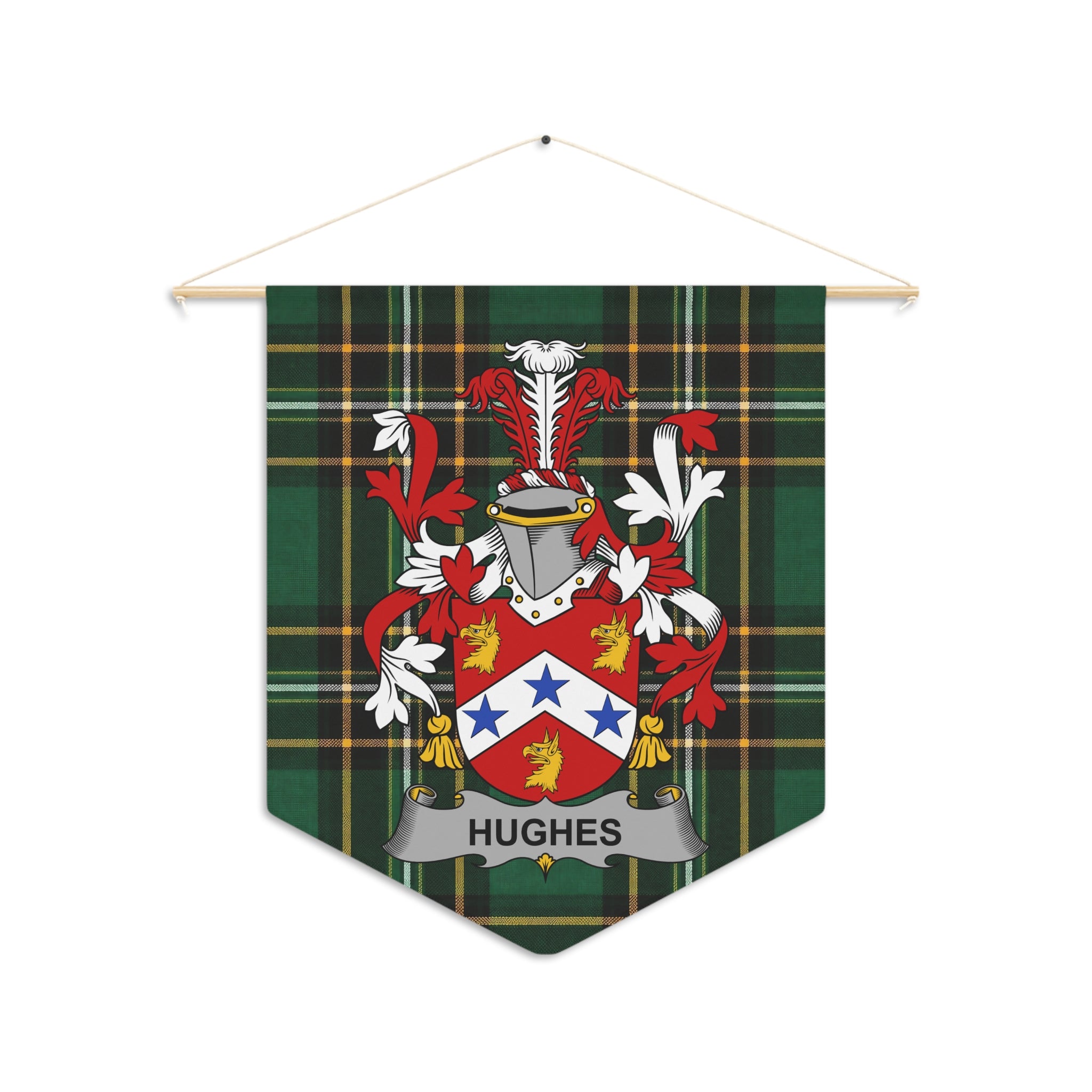 Green tartan pennant featuring the Hughes coat of arms with the name "Hughes".