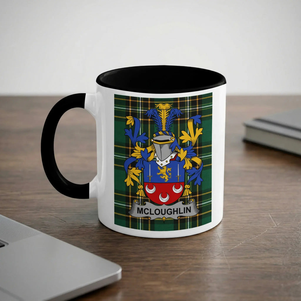 McLoughlin Irish heritage mug with black handle and family crest