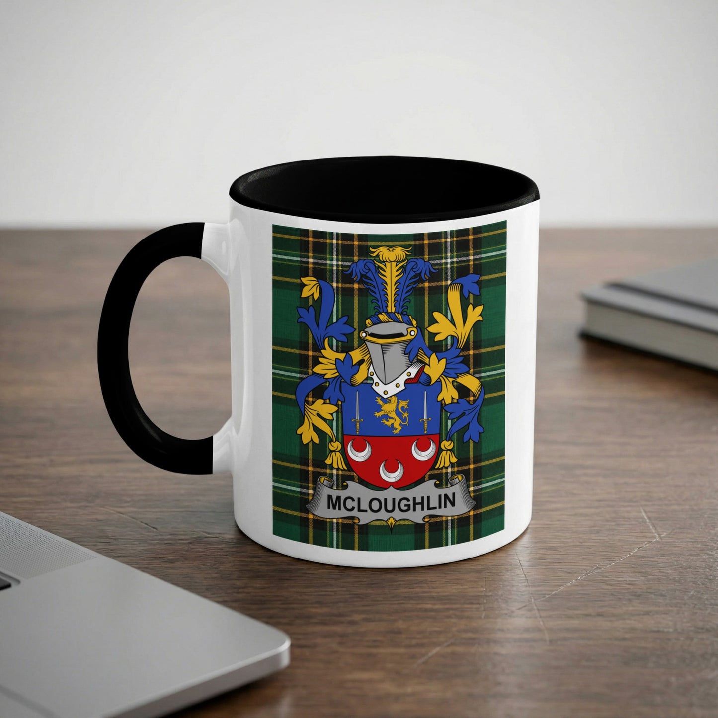 Mug with McLoughlin family crest on a plaid background.