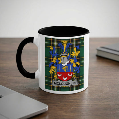 Mug with McLoughlin family crest on a plaid background.